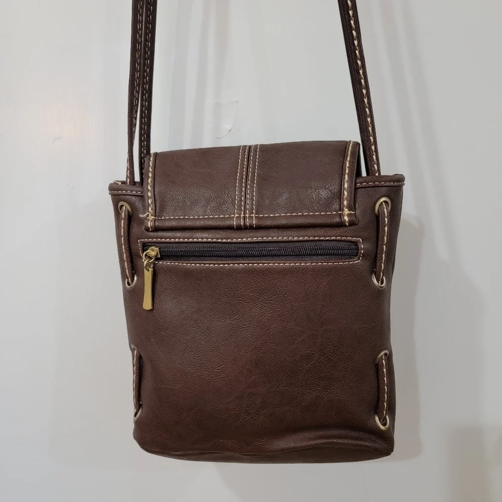 Zhi Zhou Crossbody Bag Flap Top Brown with Contrast Stitching